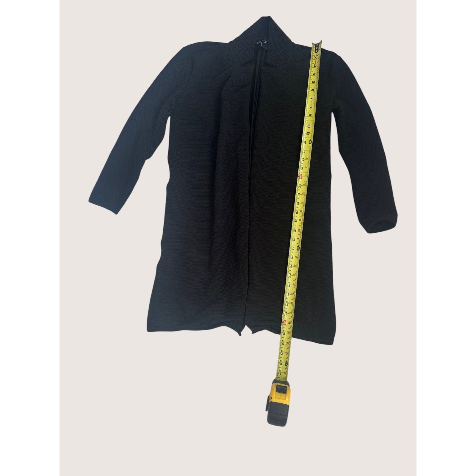 Tahari T Black Ribbed Open Front Cardigan Longline Structural Knit Jacket XS