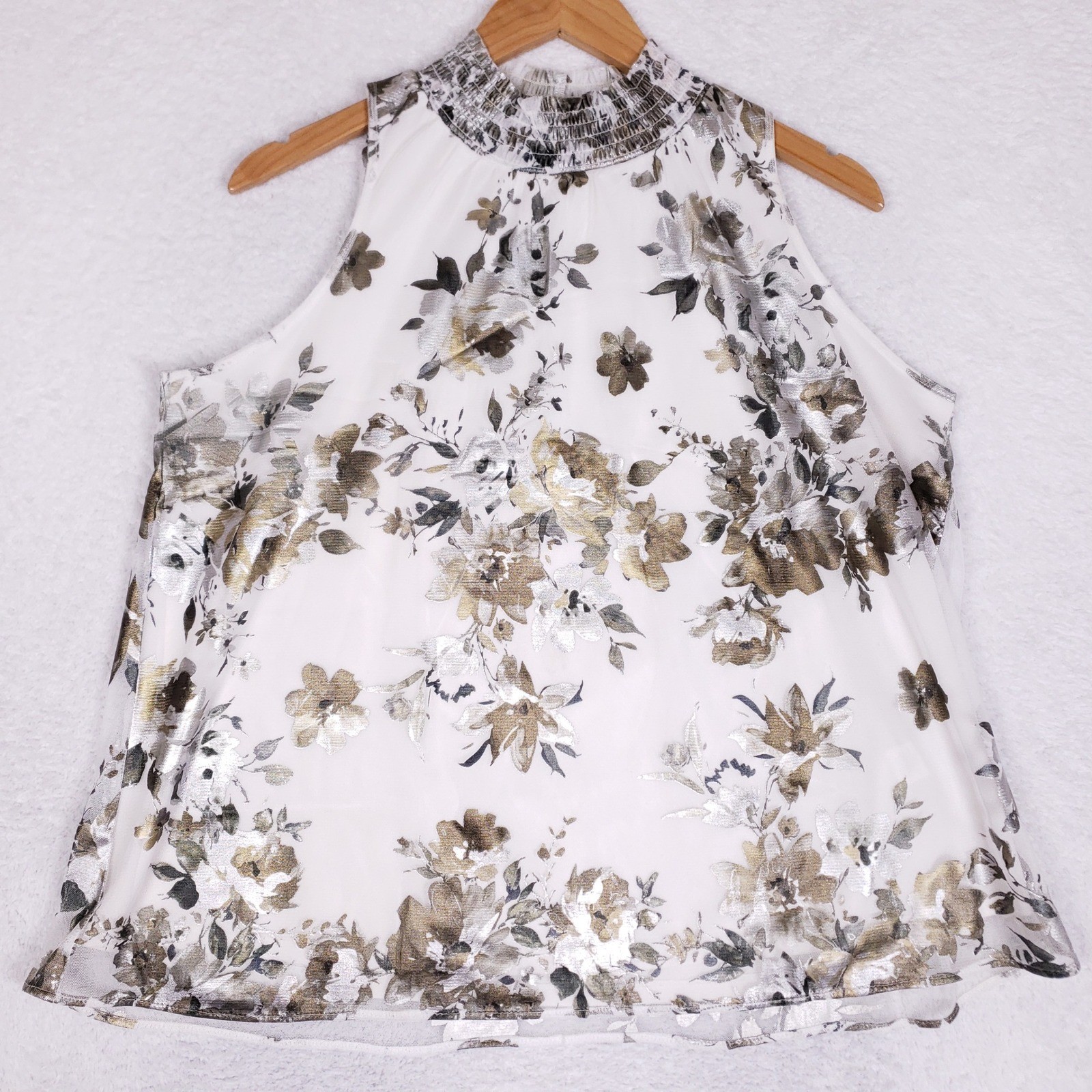 Chenault Halter Top Blouse Womens Metallic Gold Silver Floral Foil Smocked Mock