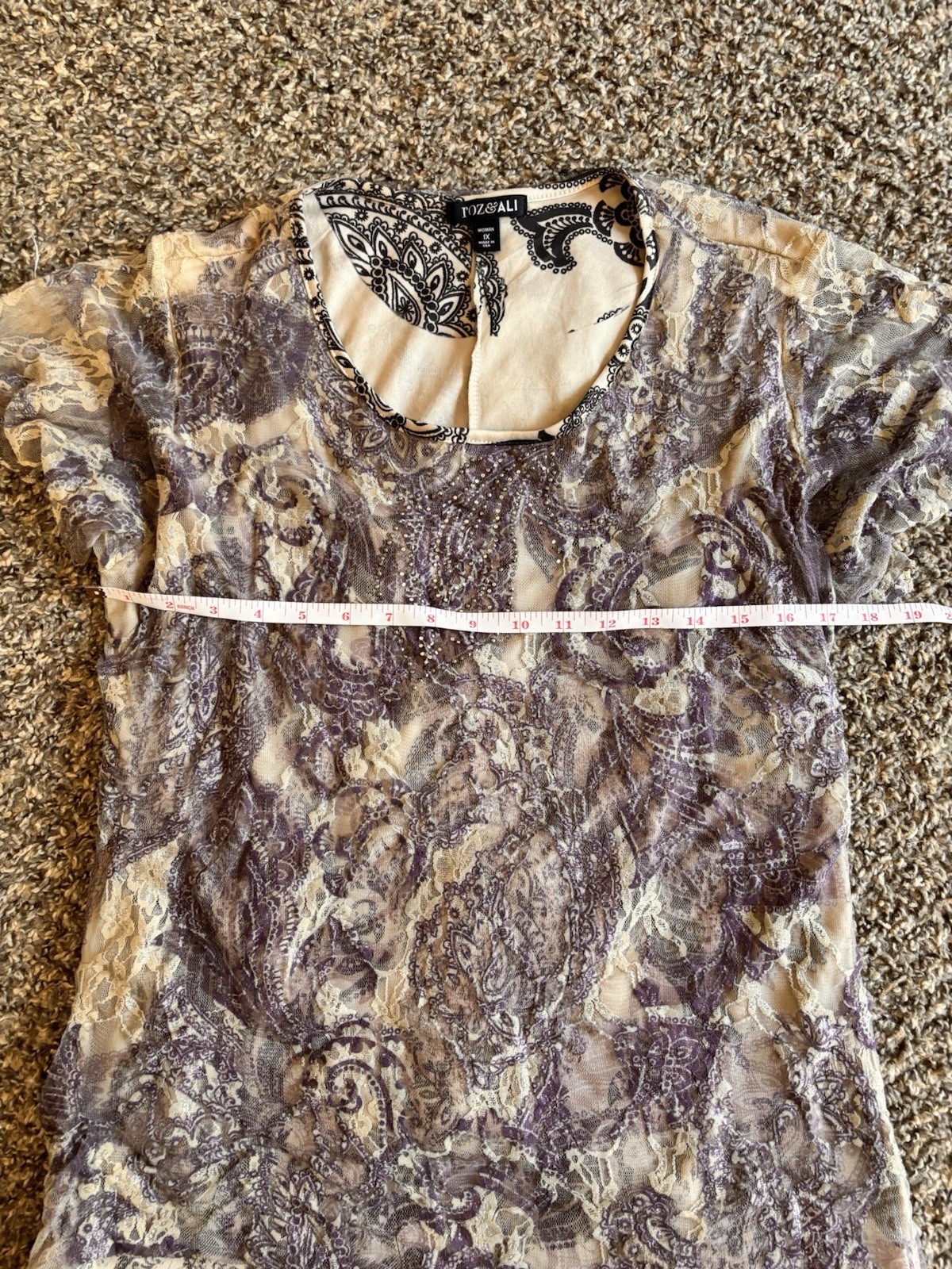 roz&ALI Women’s Plus 1X Purple/Beige Paisley Lace Beaded Scoop Neck Top