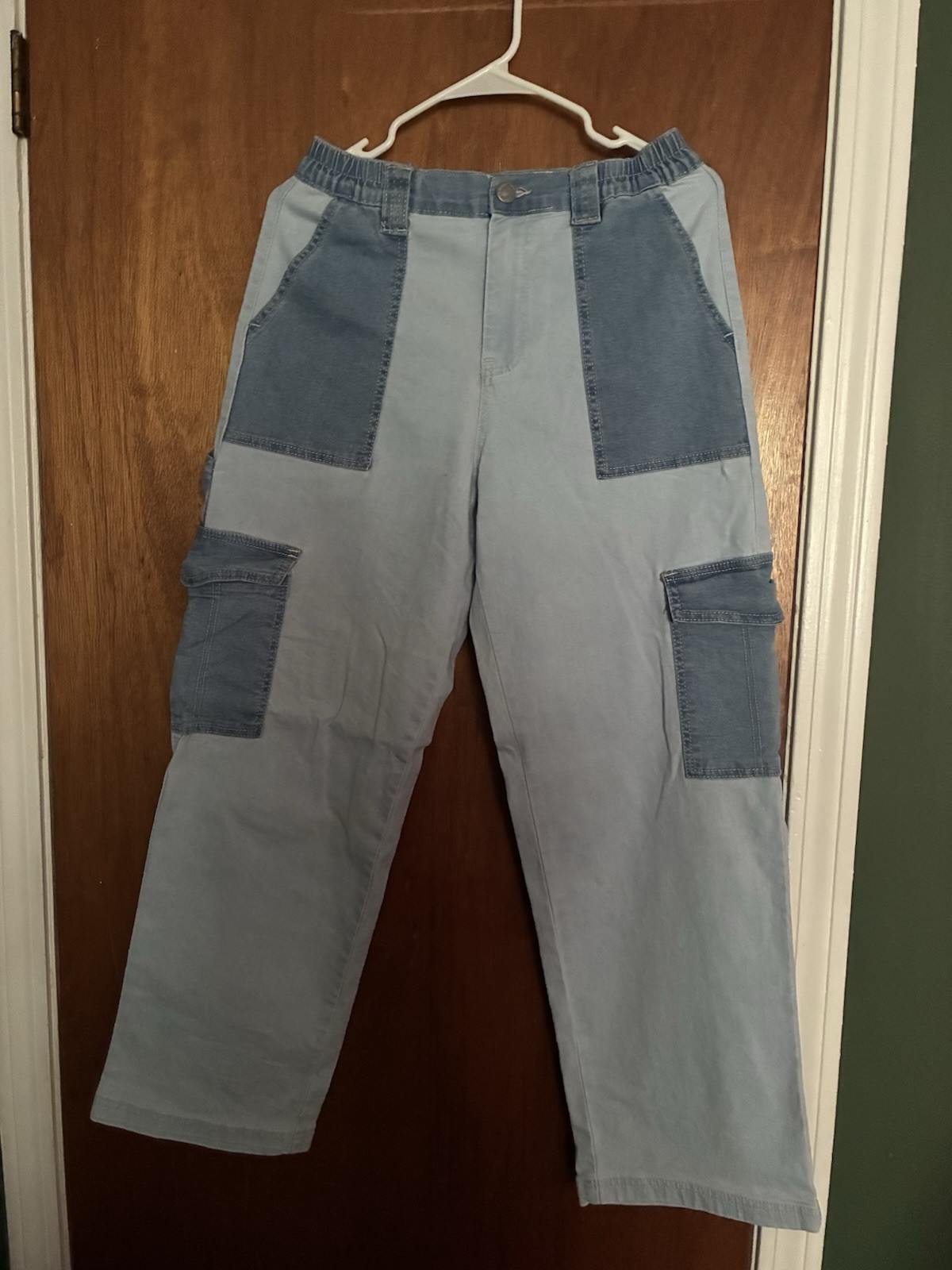 Women’s Blue/Gray Colorblock Cargo Pants Cotton Canvas Elastic Waist