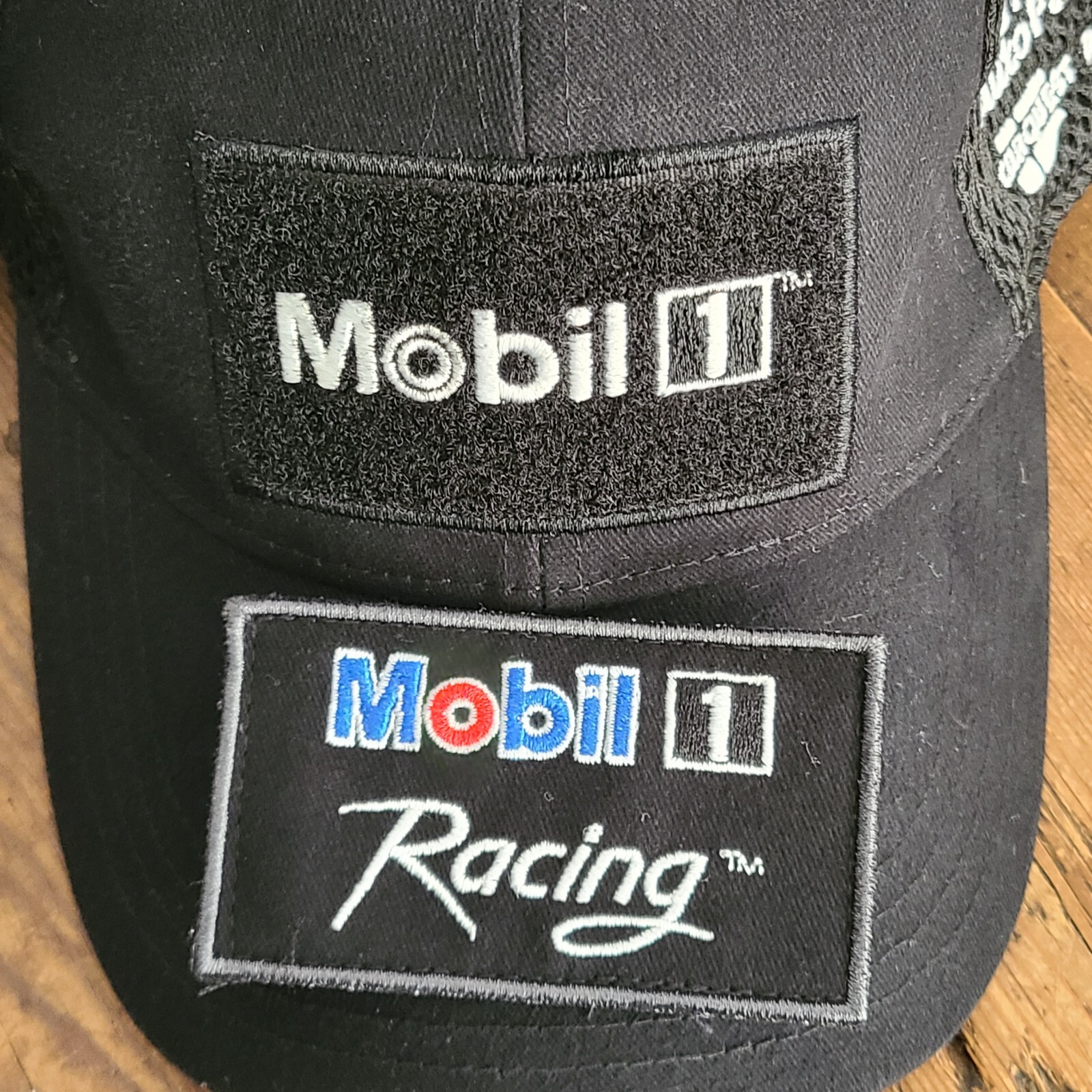 Mobil 1 Black Cap Adjustable Strap Back Hat Red White Blue Embroidered Letters