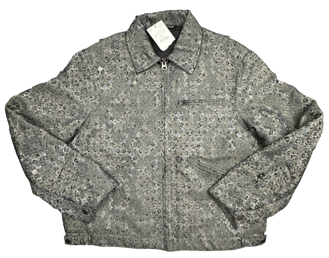 Zara Men’s Cropped Fit Jacquard Bomber Jacket Medium Black Grey Blue Coat NWT