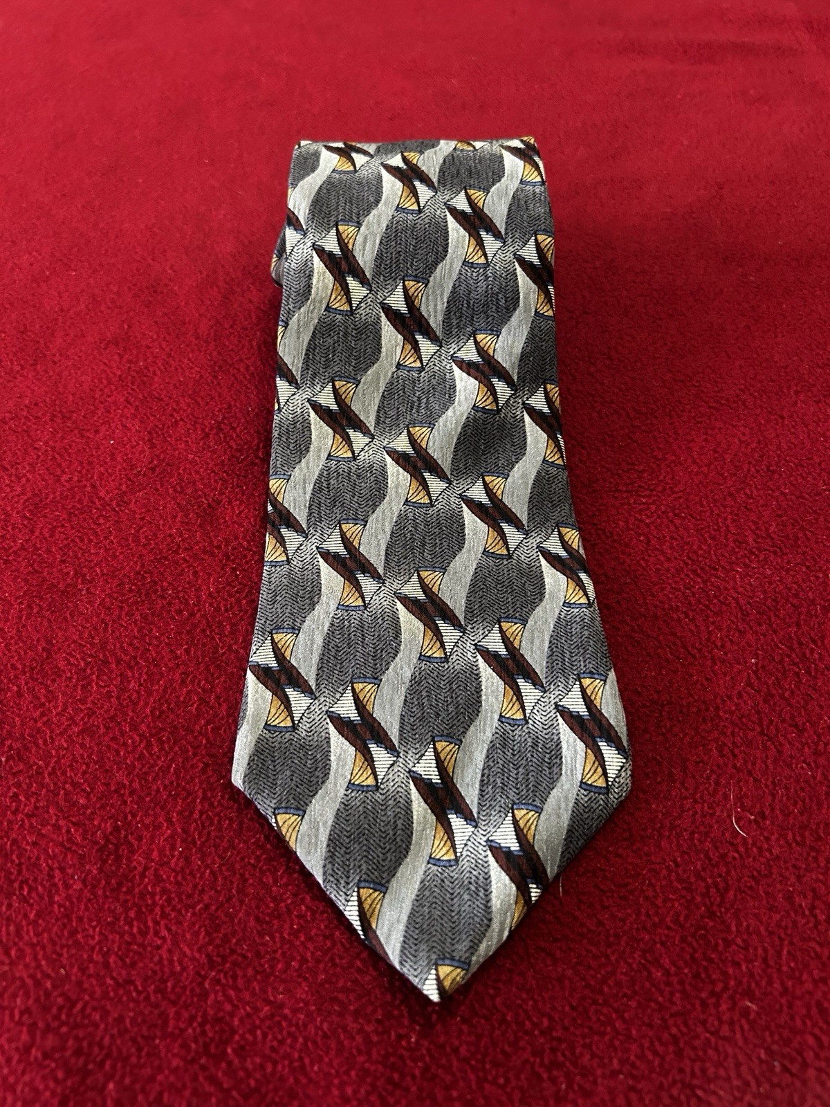 Hill & Archer 100% Silk Men’s Tie Gray Black Brown Yellow White Geometric