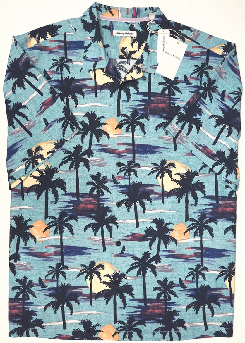 Tommy Bahama Mens Short Sleeve Camp Shirt Soleil Palms Pale Turquoise Blue $158