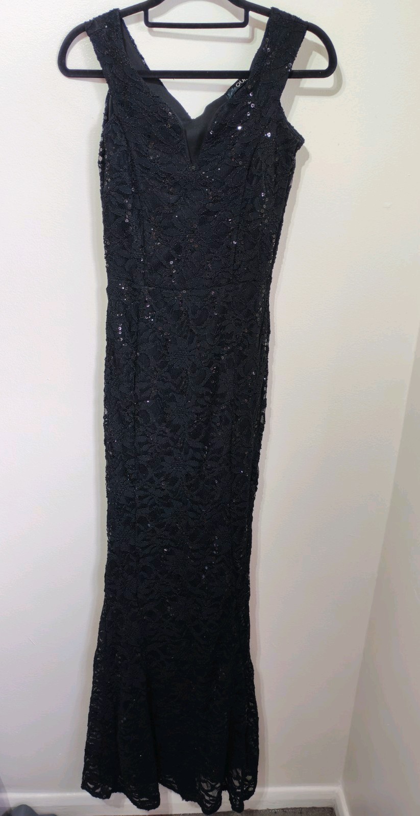 Quiz Black Sequin Lace Fishtail Long Maxi Dress 6 8 Prom Cruise Black Tie