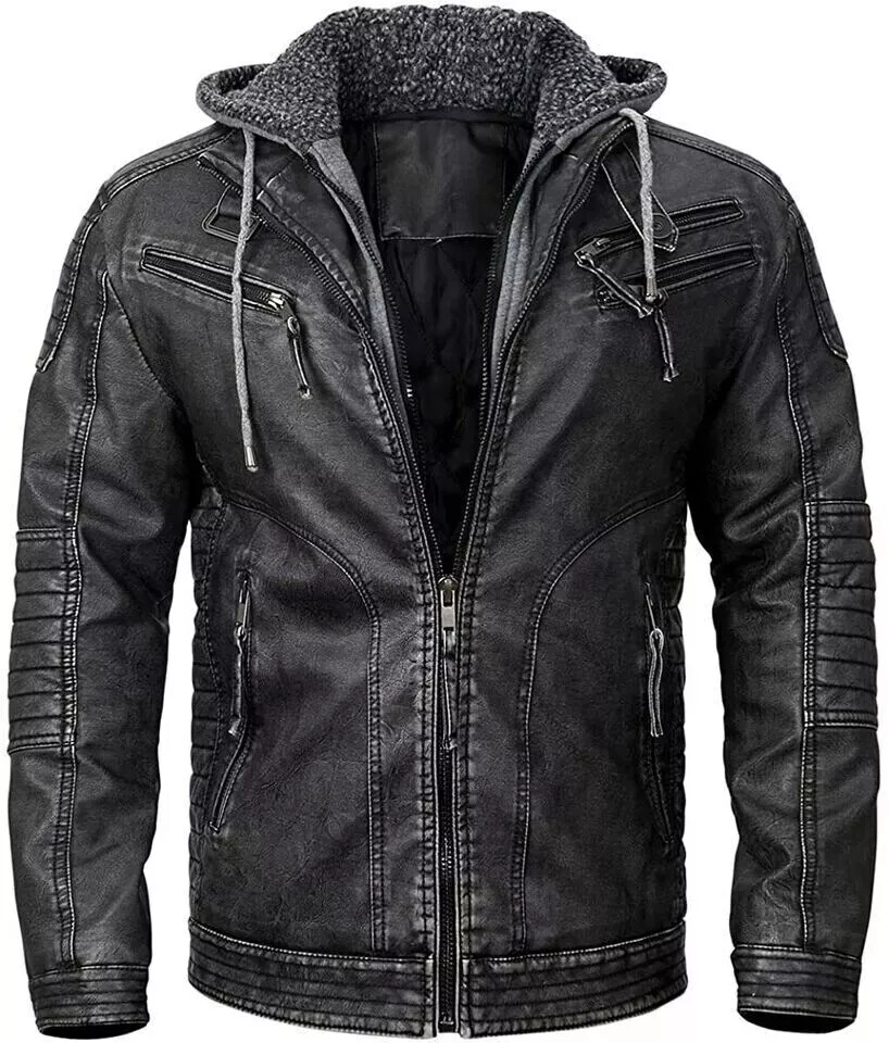 Mens Distressed Black Hoodie Motorcycle Biker Real Leather Jacket Removable Hood
