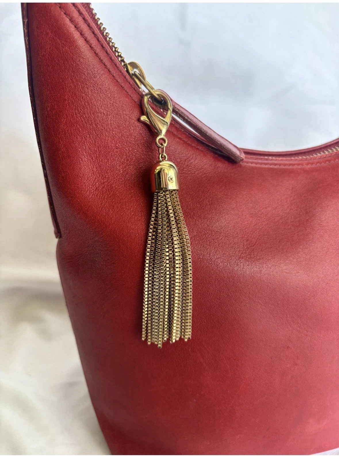Coach Red Crescent Shoulder Bag, Zip Closure, Gold Hardware, Tassel Charm