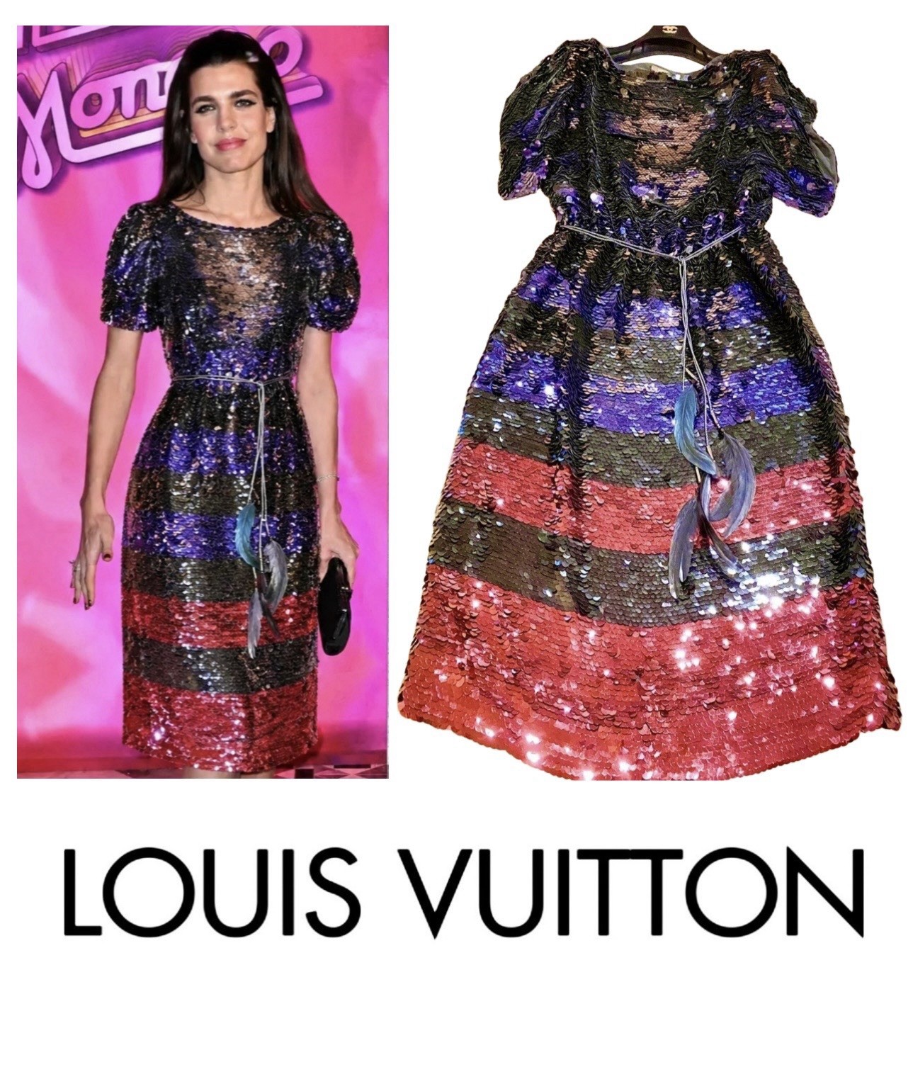 11K Louis Vuitton Red Sequin Stripe Party Dress Feather Belt Set 36 38 4 6 S M