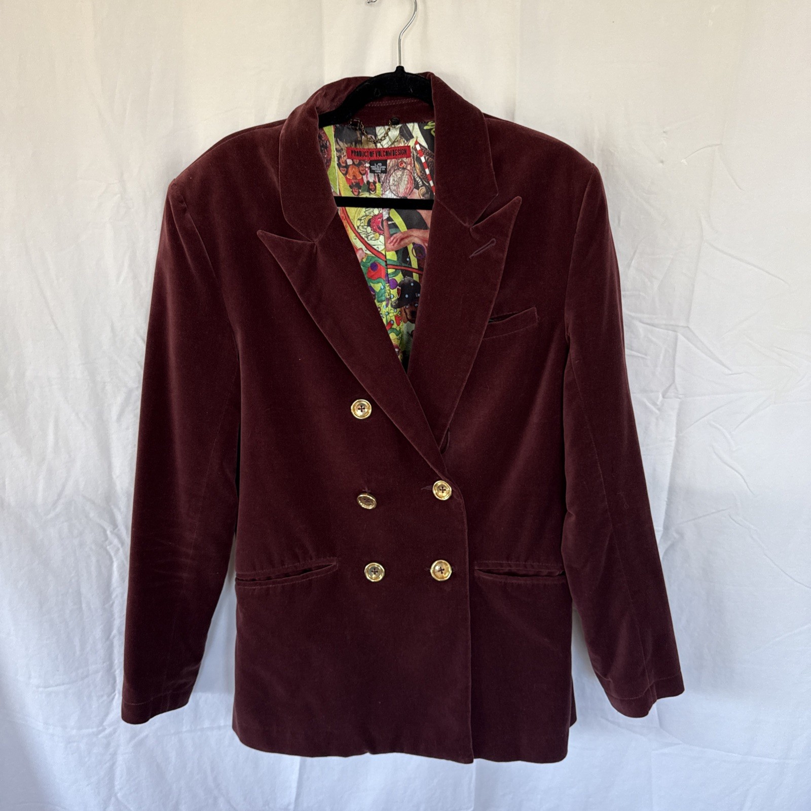 Volcom Velvet Blazer Jacket Men’s Large Burgundy Wine Red Double Breasted