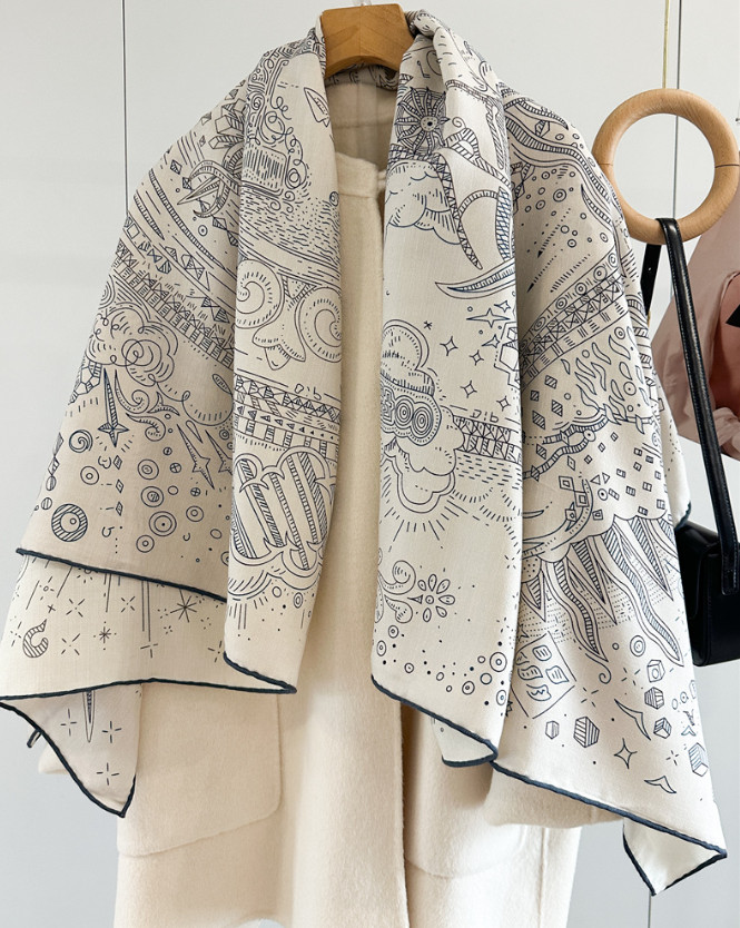 70% Cashmere 30% Silk Scarf 53” Gray Print Bandana Shawl Neckerchief Wrap new