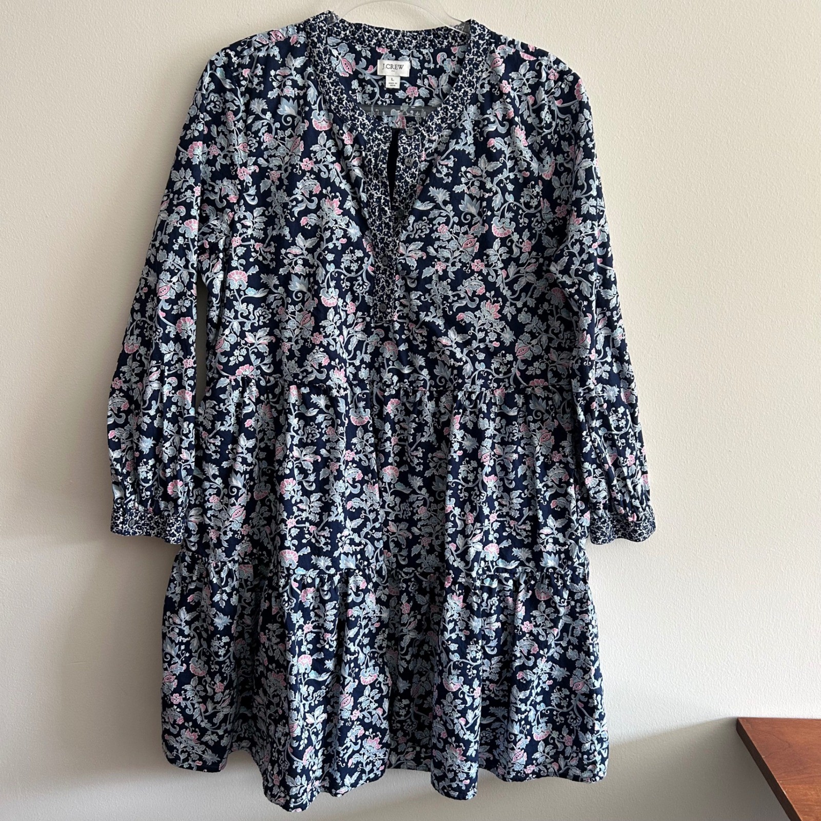 J.Crew Factory Dress Navy Blue Floral Paisley L Tiered Cotton Voile Long Sleeve