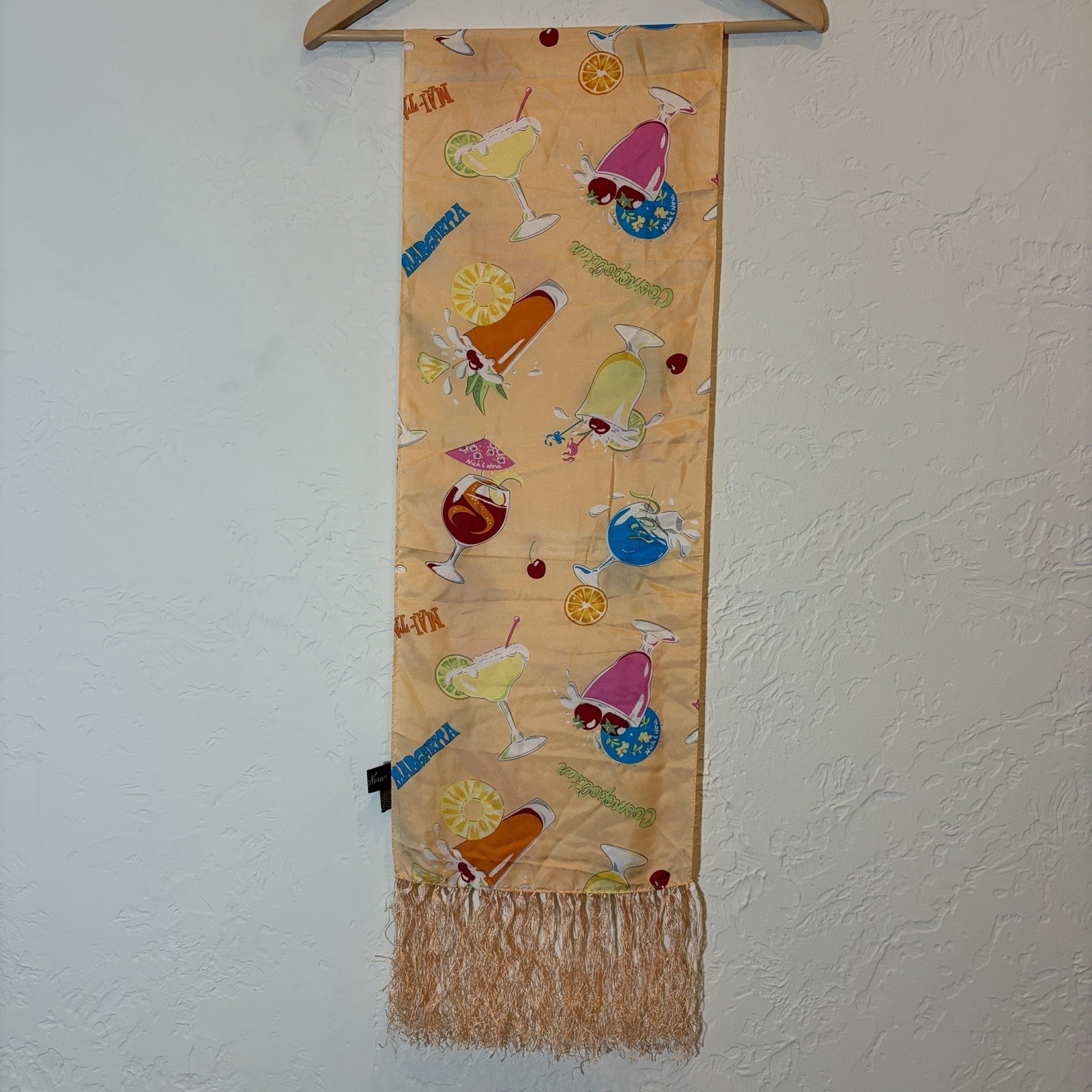 Nick & Nora 100% Silk Fringe Scarf Cocktail Martini Margarita Novelty Print
