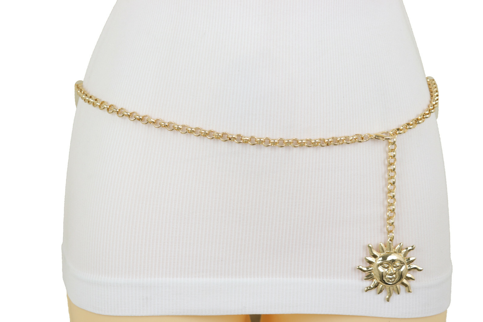 Women Gold Color Metal Chain Links Narrow Belt Adorable Style Sun Charm XS S M