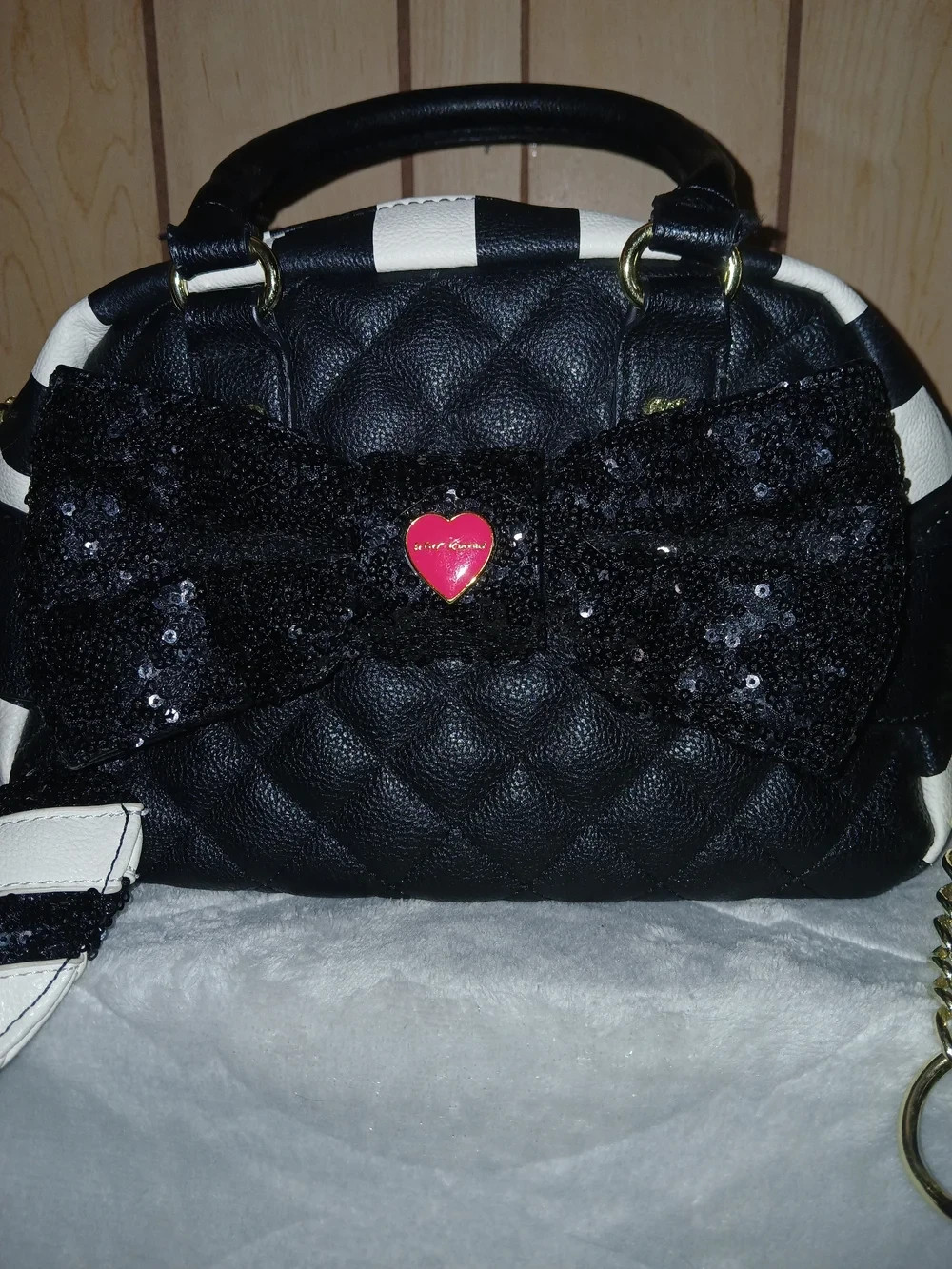 Betsey Johnson Black Quilted Heart Crossbody with Striped Accents, Whimsy, bow