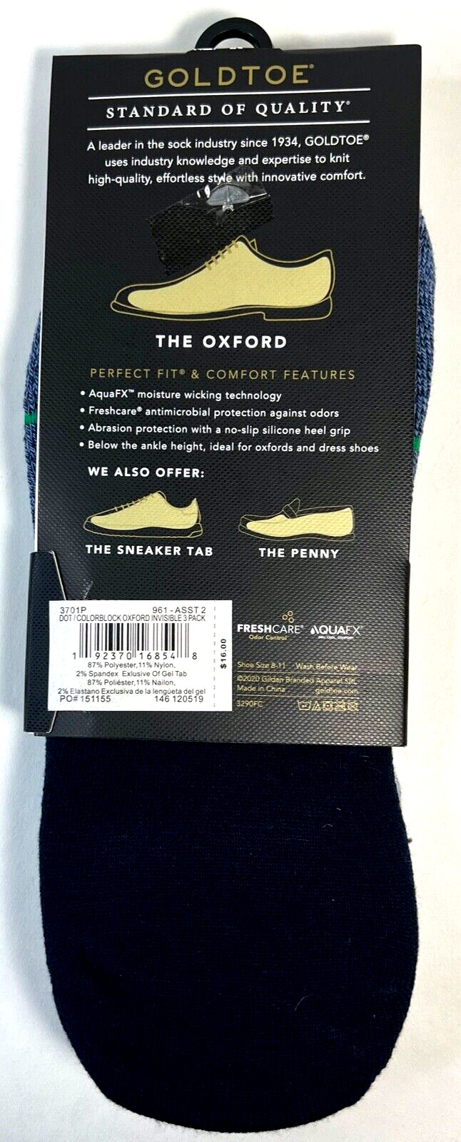 GOLD TOE 3-PR OXFORD NO-SHOW INVISIBLE SOCKS W/SILICONE HEEL GRIP FIT 8-11 SHOE