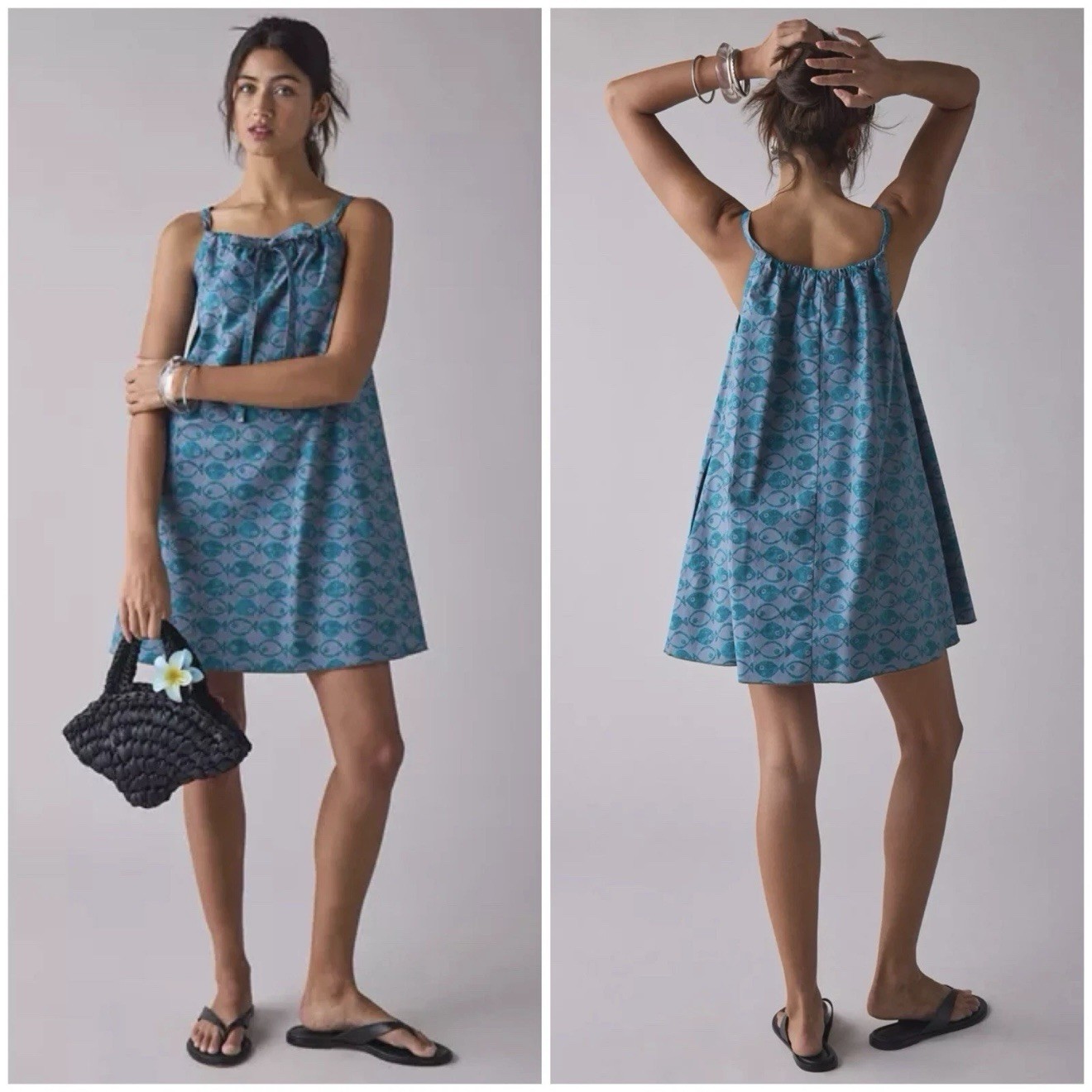 BDG Urban Outfitters Eva Tie Front Ruched Strap Trapeze Mini Dress Blue Fish
