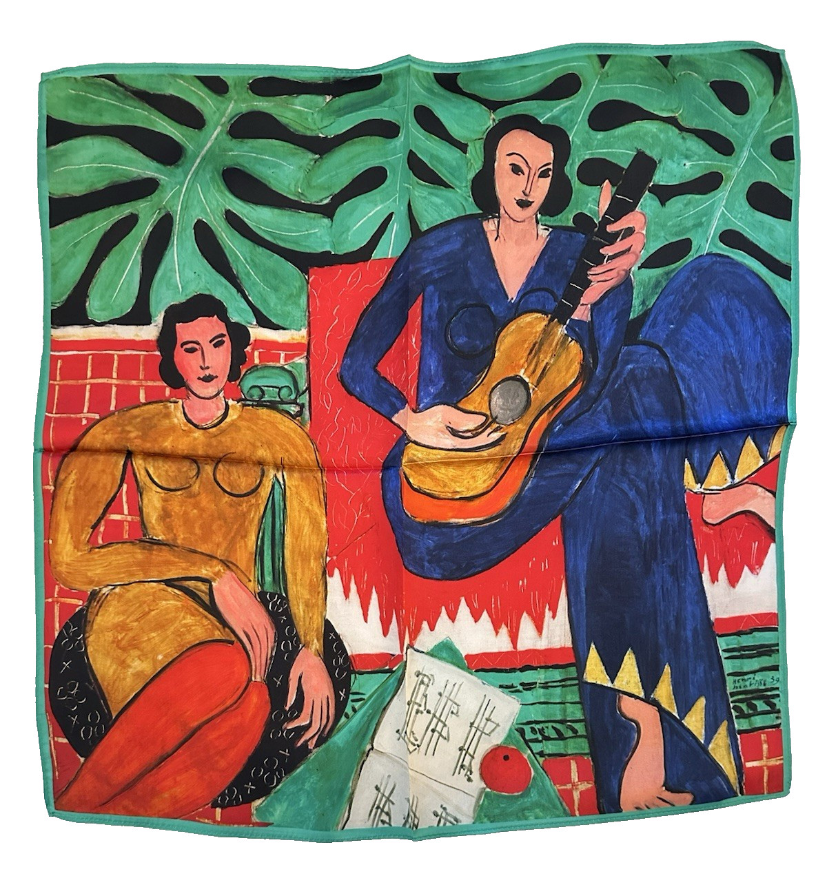 21″X21″Girl in Blue with a Guitar Print Pure Mulberry Satin Silk 12momme Scarf