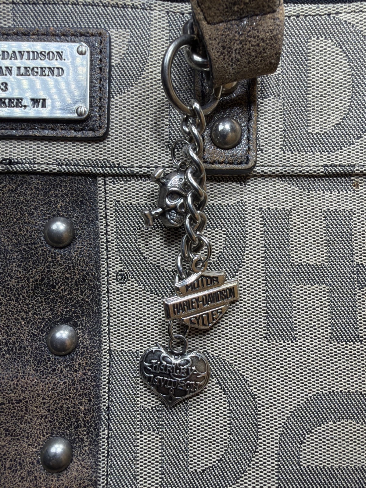 Harley Davidson Jacquard HD Monogram Studded Tote Shoulder Bag Womens Charm