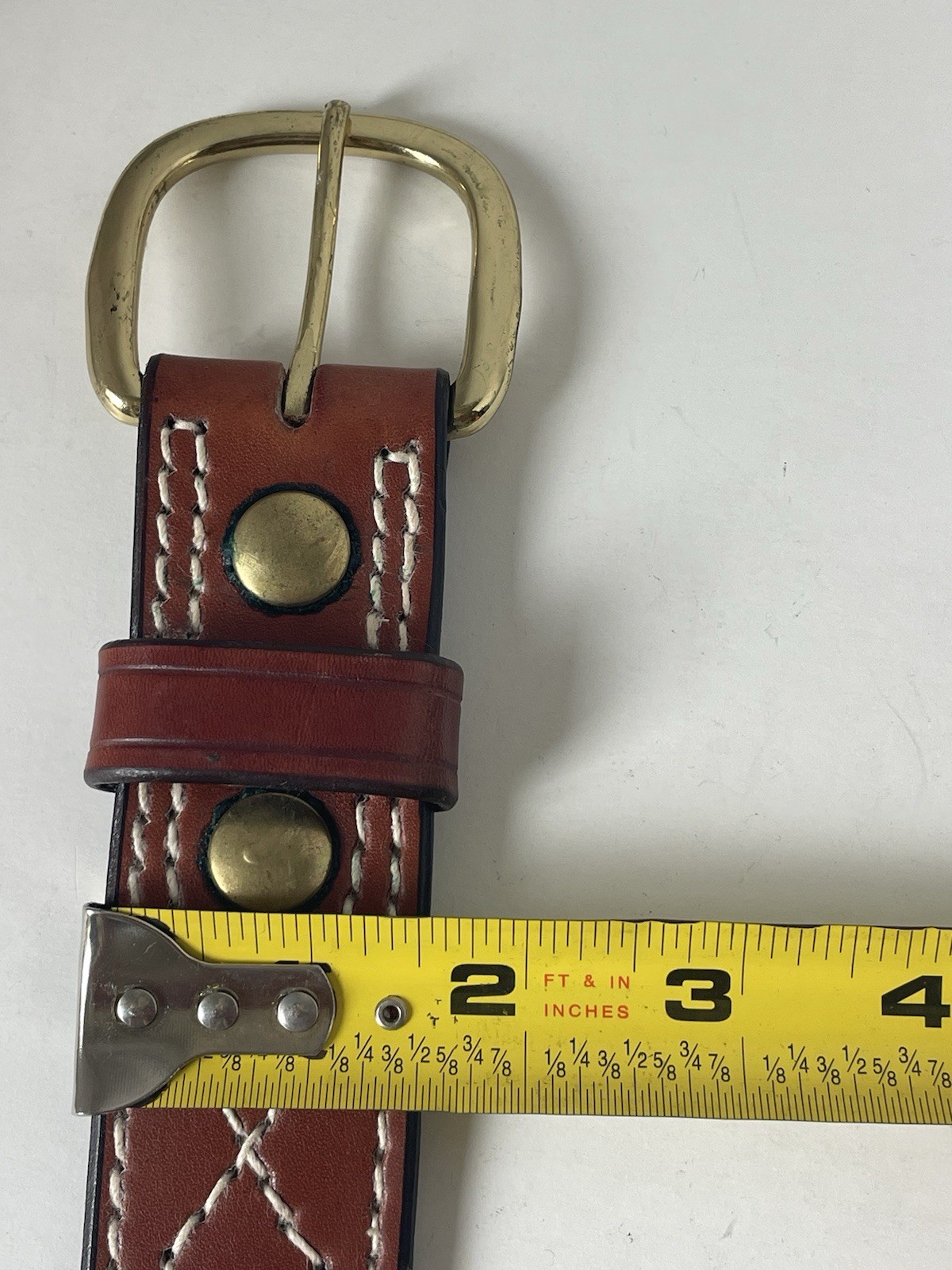 Triple K Leather Stitched Belt Size 34 Brown Brass Colored Buckle With Loop USA