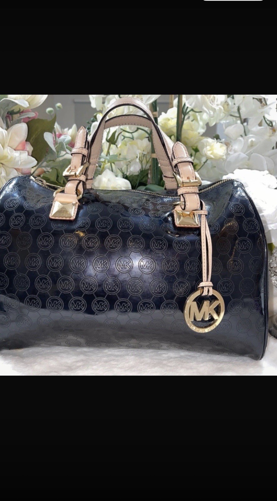 Michael Kors Black Beige Logo Satchel Zip Gold Hardware Charm Bottom Studs