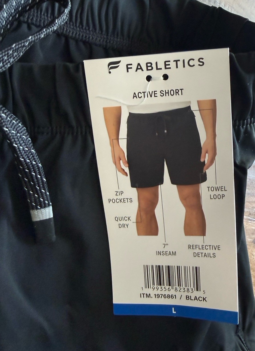 Fabletics Men’s Active Shorts Black Large 7” Inseam NWT Quick Dry Zip Pocket