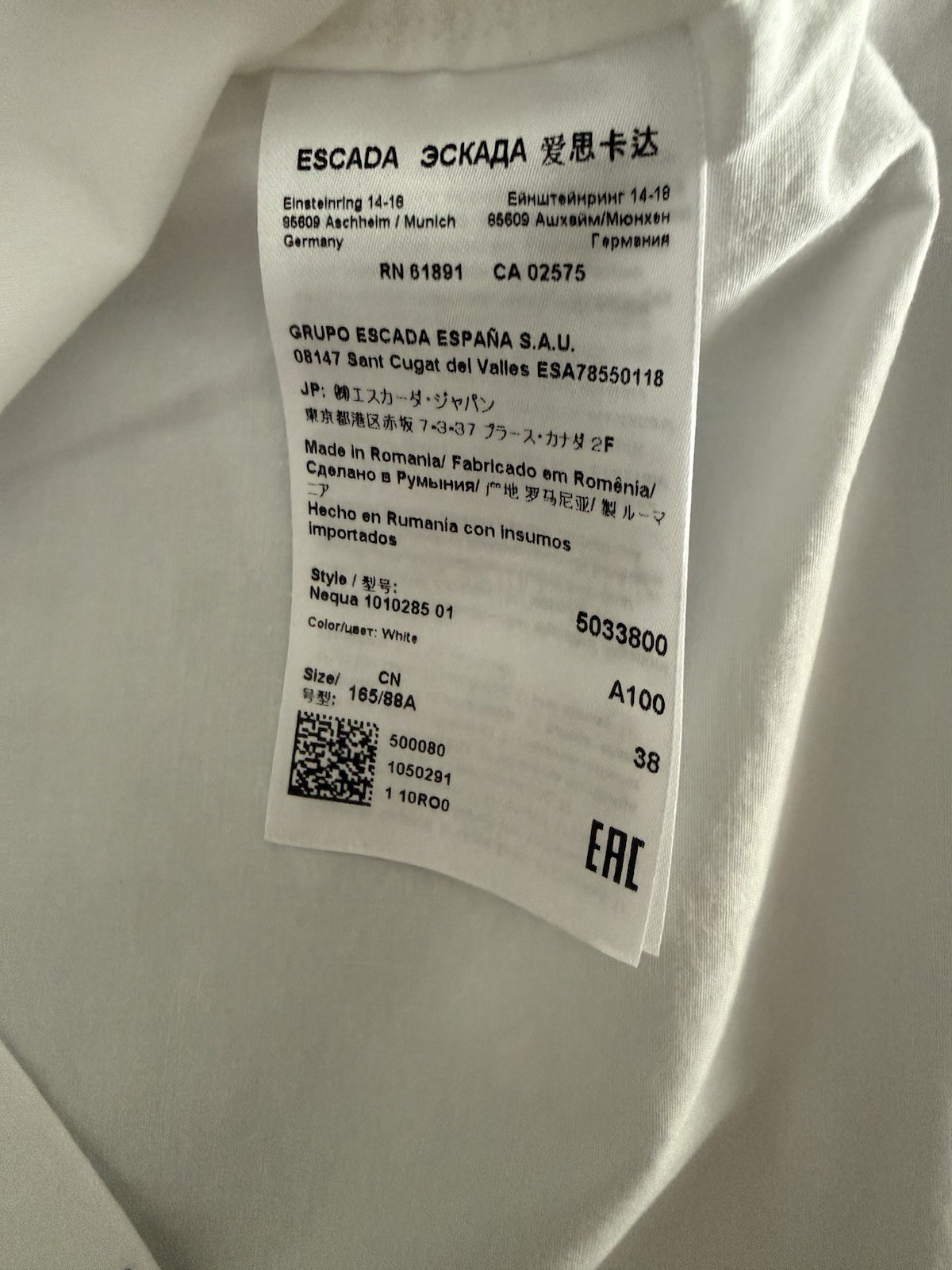 ESCADA White Tunic Blouse Gold Logo Buttons Roll Tab Sleeve Size 38 EU