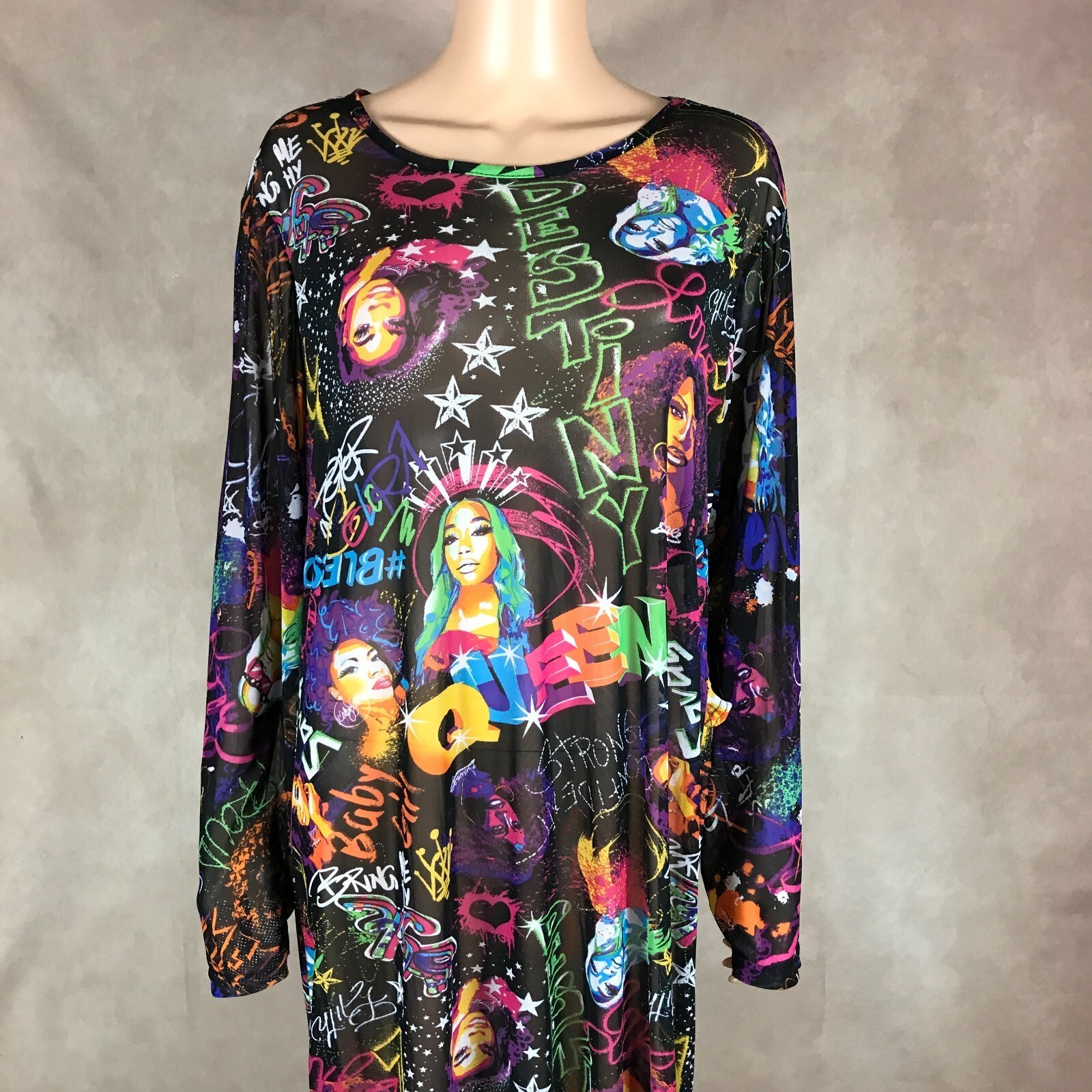 Graffiti Printed High Slit Sheer Mesh Maxi Dress 4X