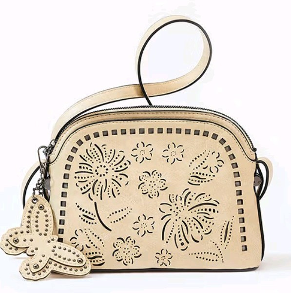 Beige Floral Perforated Small Rectangle Crossbody Top Handle Zip Butterfly Charm