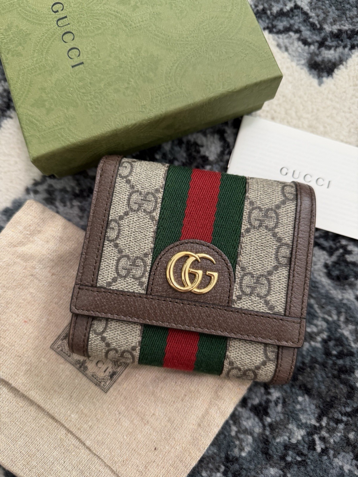 Auth Gucci GG Supreme Ophidia Web Trifold Card Case Wallet
