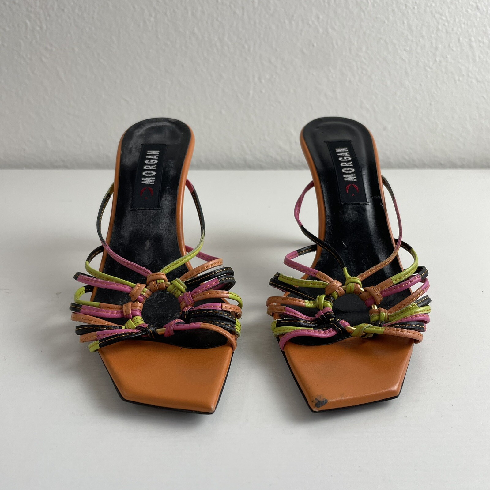 Y2K Vintage Morgan De Toi Heels 5 5.5 35 Orange Strappy Open Square Toe Stiletto