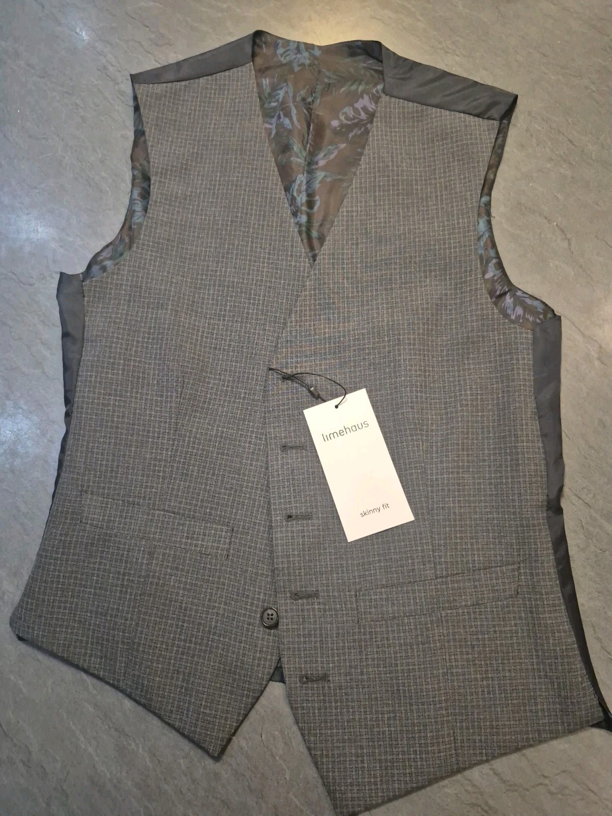 Limehaus Skinny Fit Alistair Micro Check Suit Waistcoat, Grey Size 38R BNWT