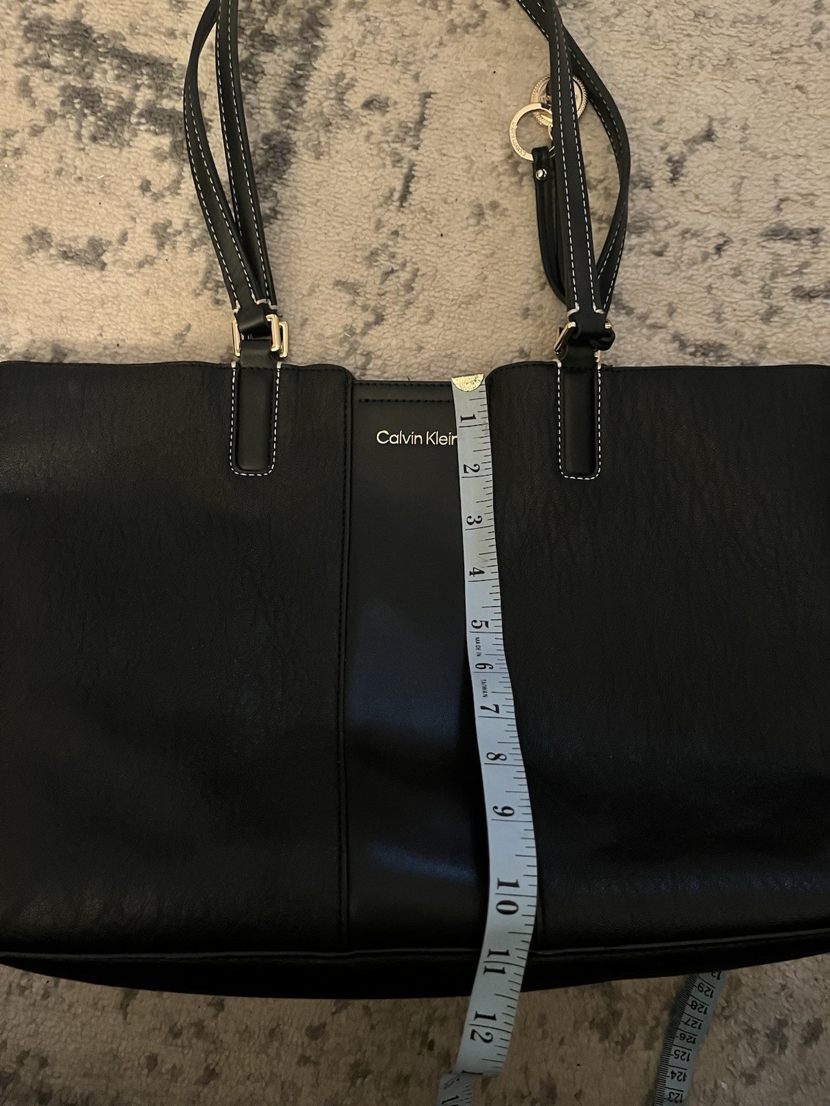 Calvin Klein Black Large Pebbled Logo Tote Gold Hardware Zip Lined Bag Charm