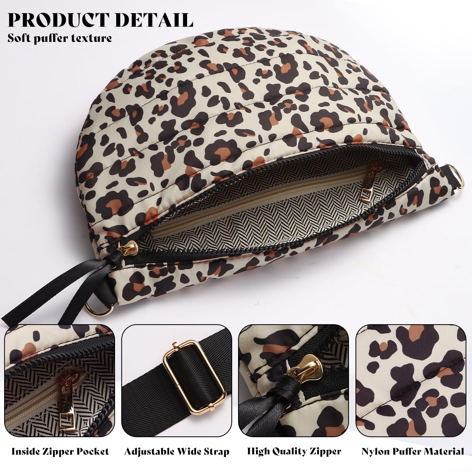 Quilted Puffer Belt Bag Puffy Sling Fanny 12 x 8 x 0.6 inches, LEOPARD