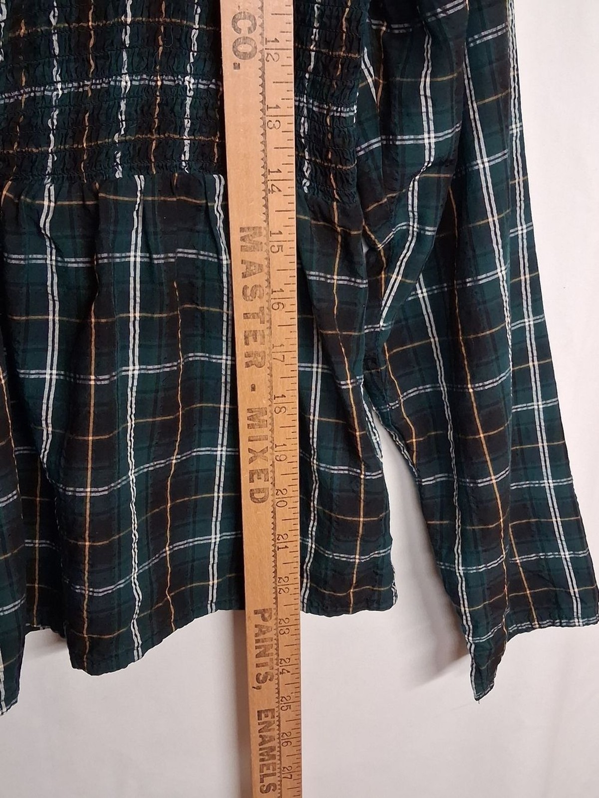 OLD NAVY Plaid Peplum Top Smocked Square Neck Long Sleeve Green Print Large