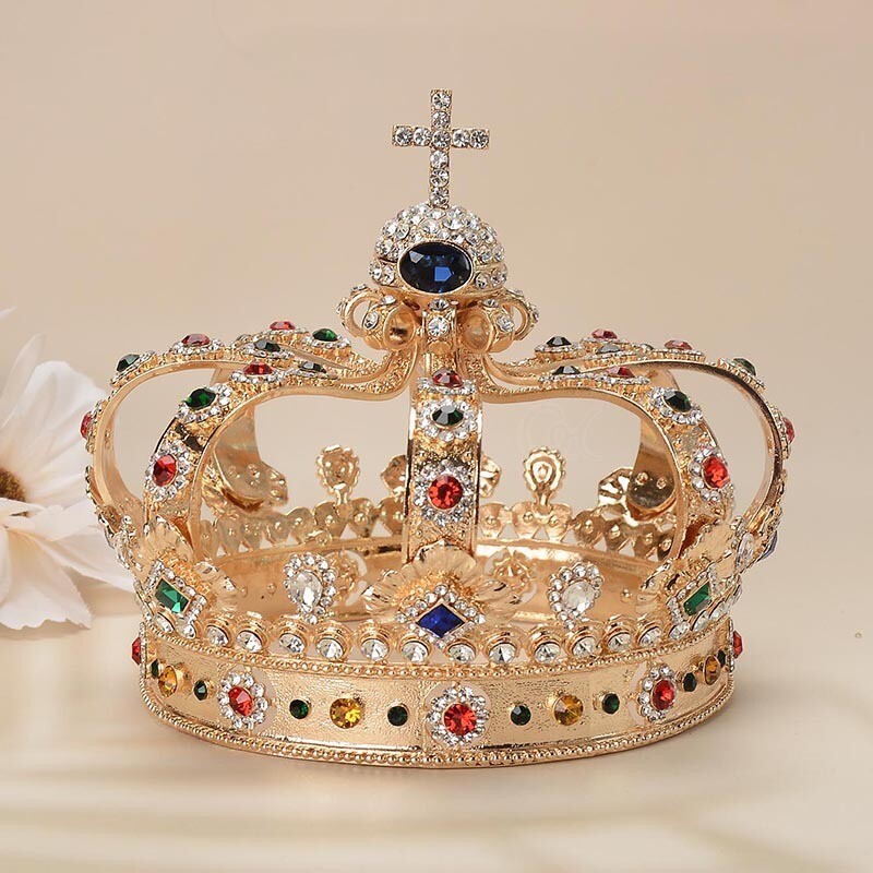 13cm Tall Large Men’s Cross Gold Crown Drama Imperial Medieval King Metal Crown