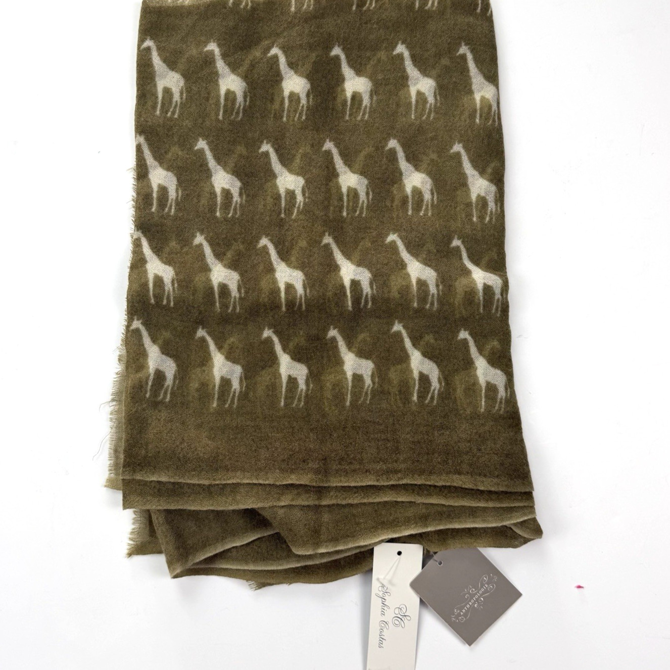 NWT Anthropologie Sophia Costas 100% Wool Scarf White / Moss Green Giraffe Print