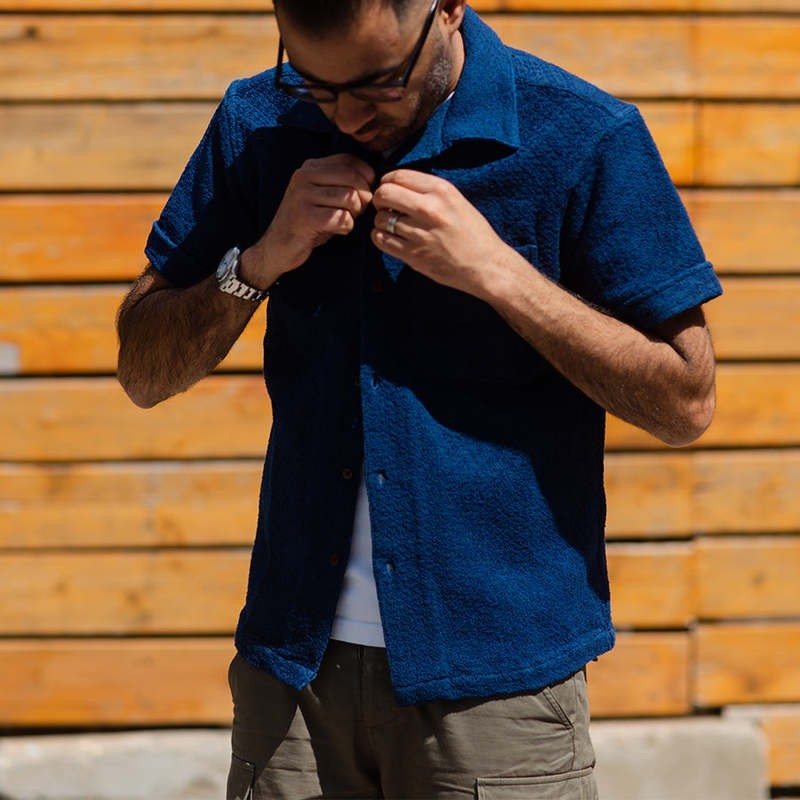 3sixteen Vacation Collar Shirt Overdyed – M – Indigo Overdyed Jacquard