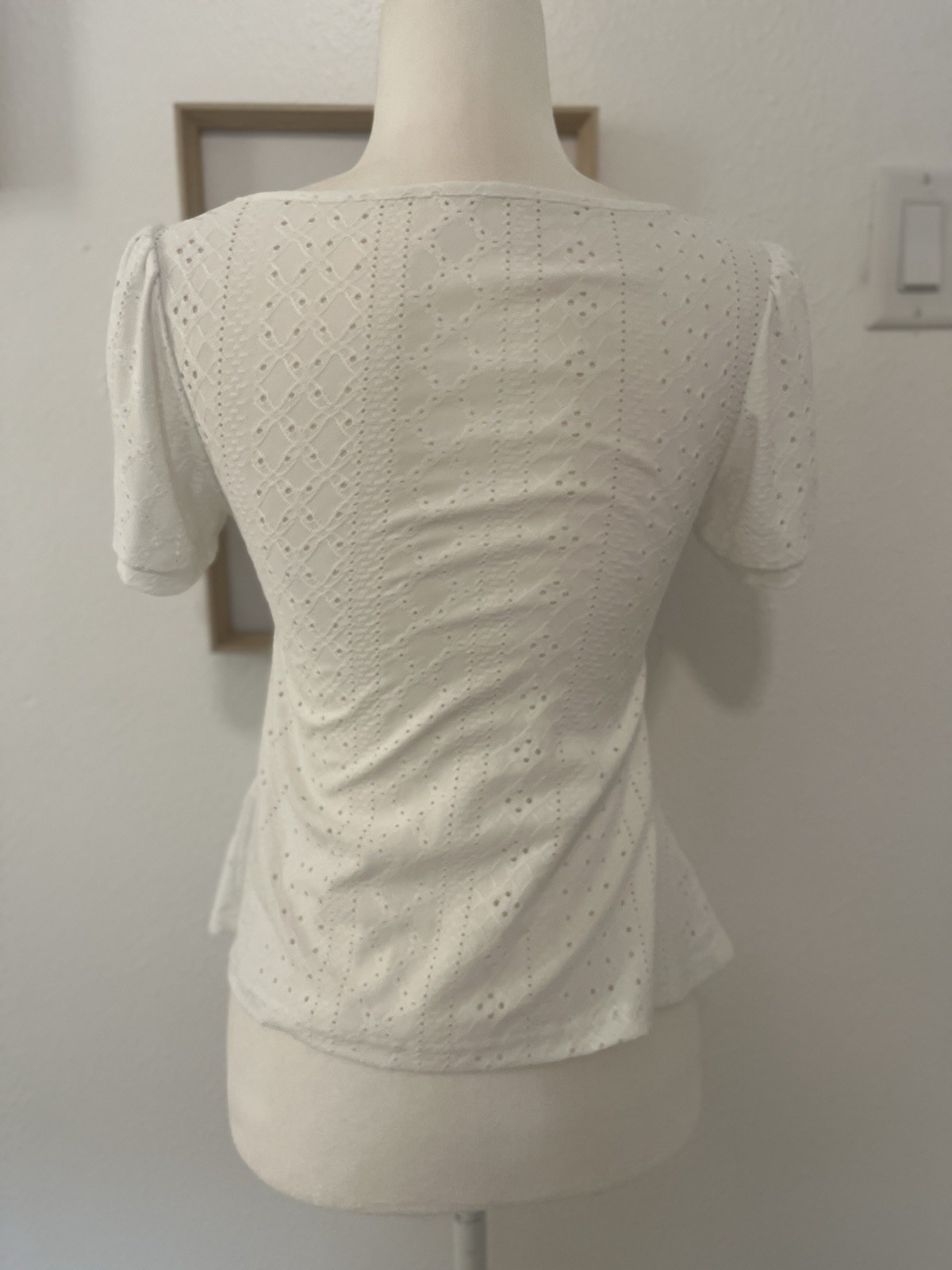 Shein Ruched Tie Front Flare Embroidery Eyelet Top Boho White