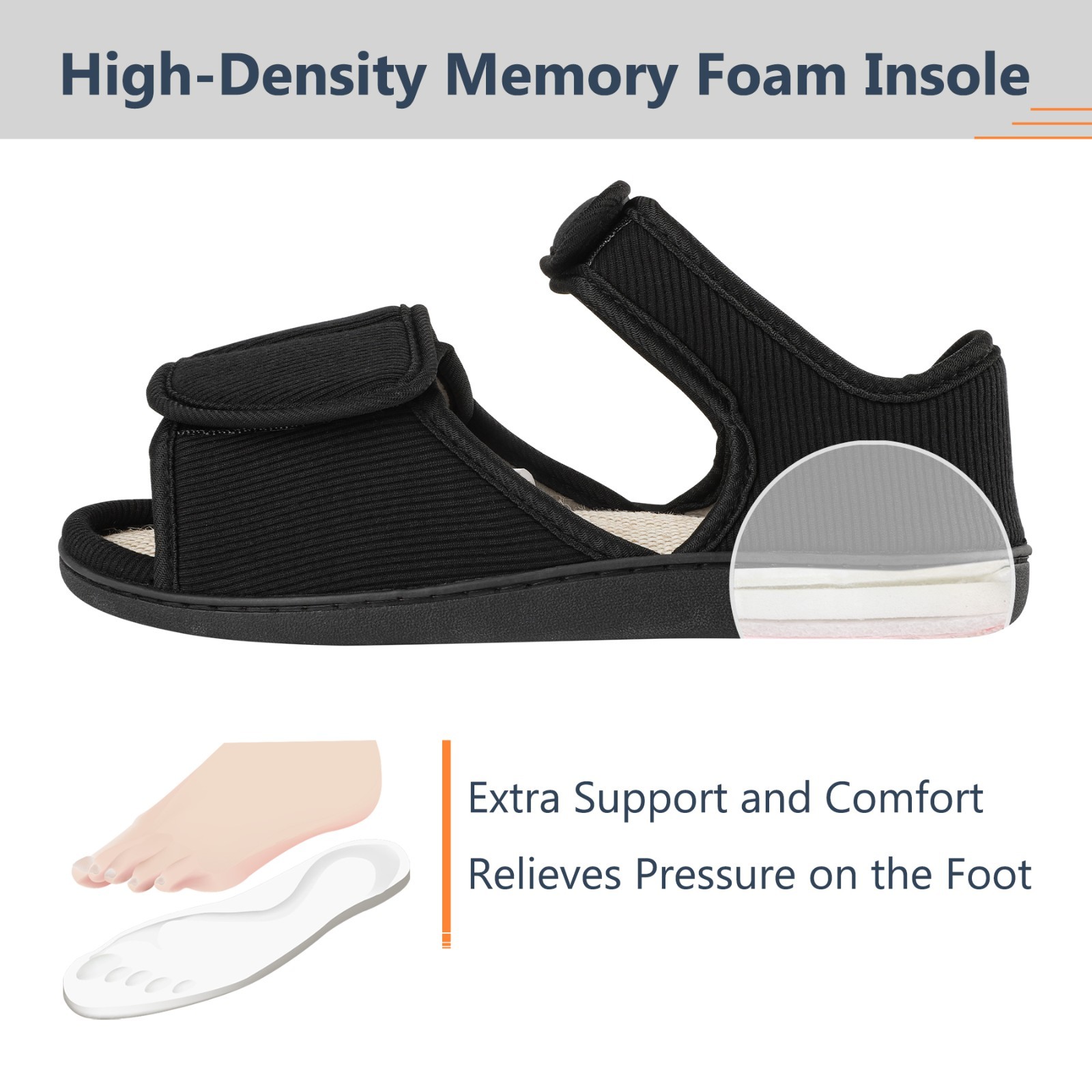 Men’s Breathable Diabetic Sandals, Wide Width Adjustable Hook & Loop Open Toe