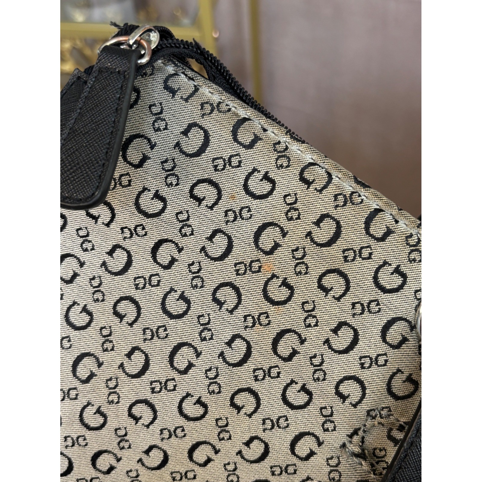 Guess Monogram Logo Canvas Tote Bag Black Tan Zip Top Shoulder Bag