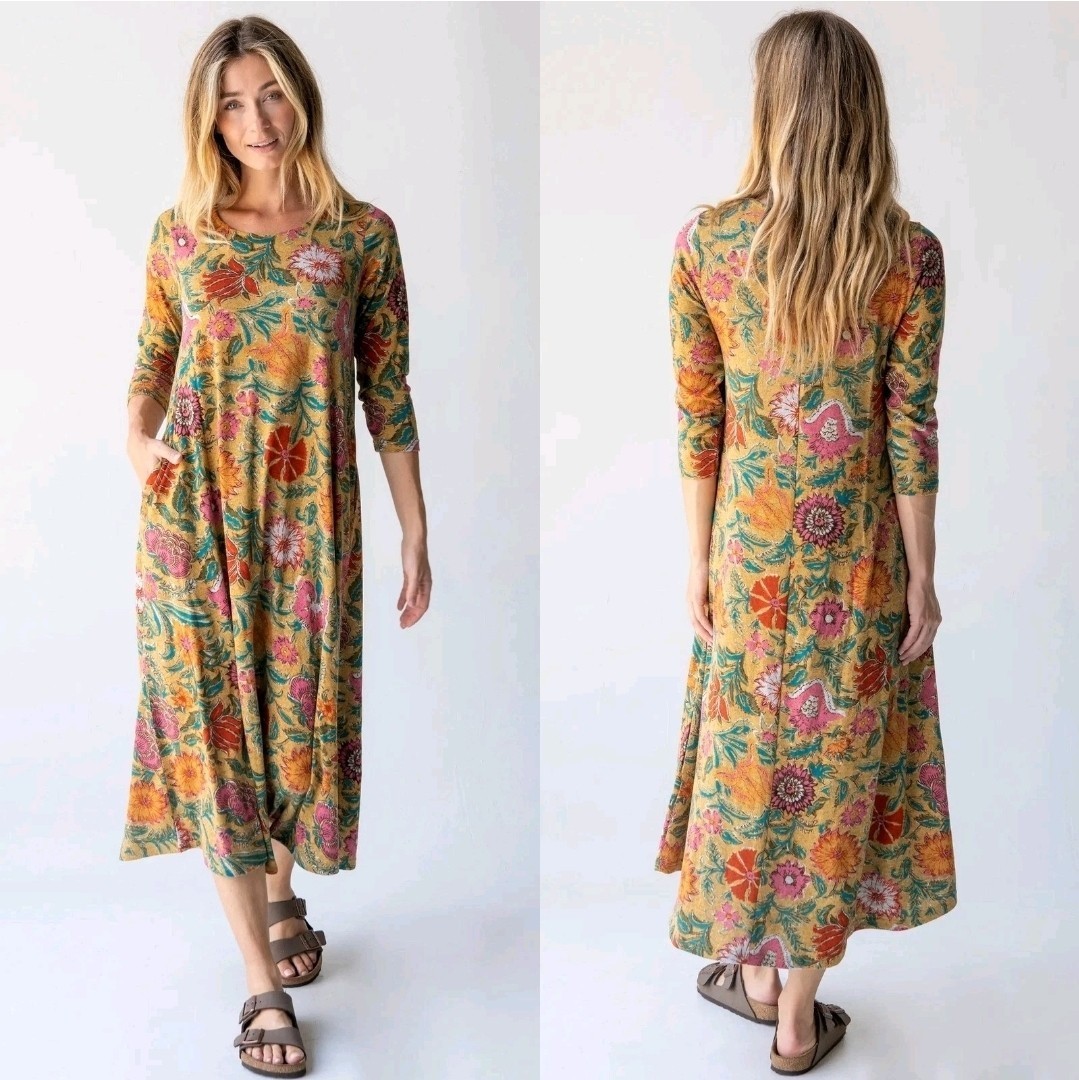 Natural Life Lottie Dress Mustard Floral Print Knit Long 3/4 Sleeve Pocket Sz L