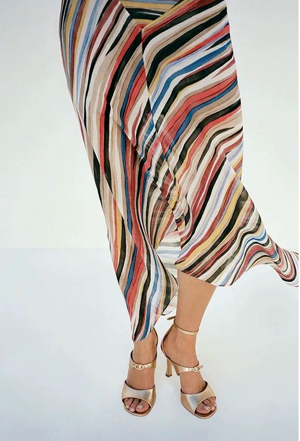 NEW 100% Mulberry Silk Striped Maxi Dress Women’s V Neck Asymmetrical Sundress