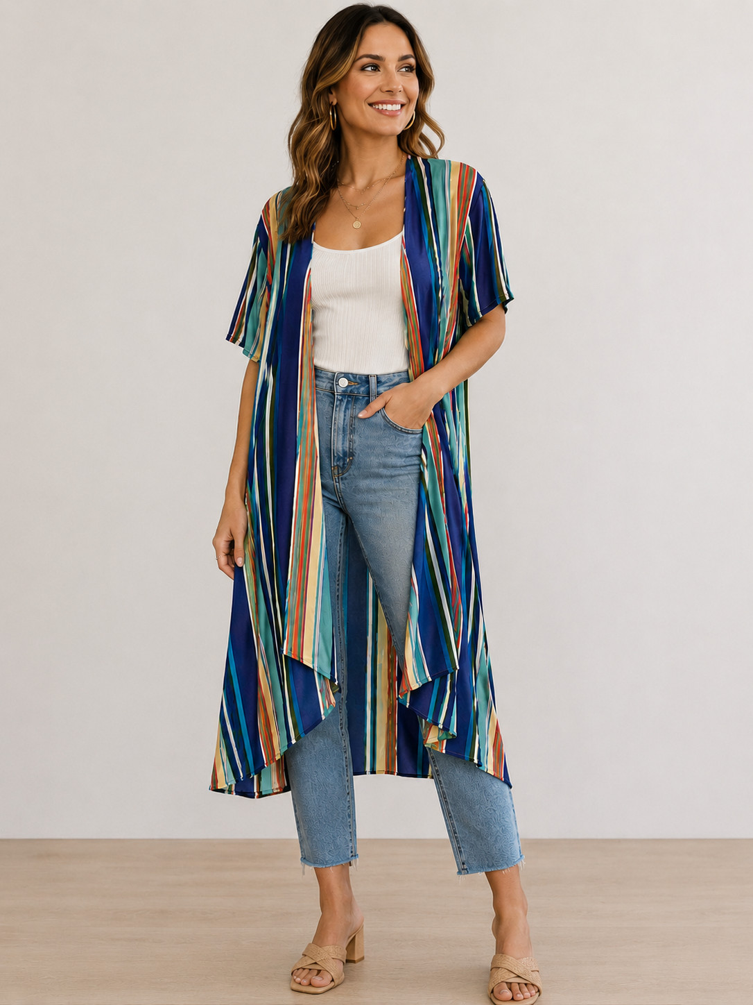 G&E Grace & Emma Western Boho Duster Coverup Kimono Women’s Small Bright Striped