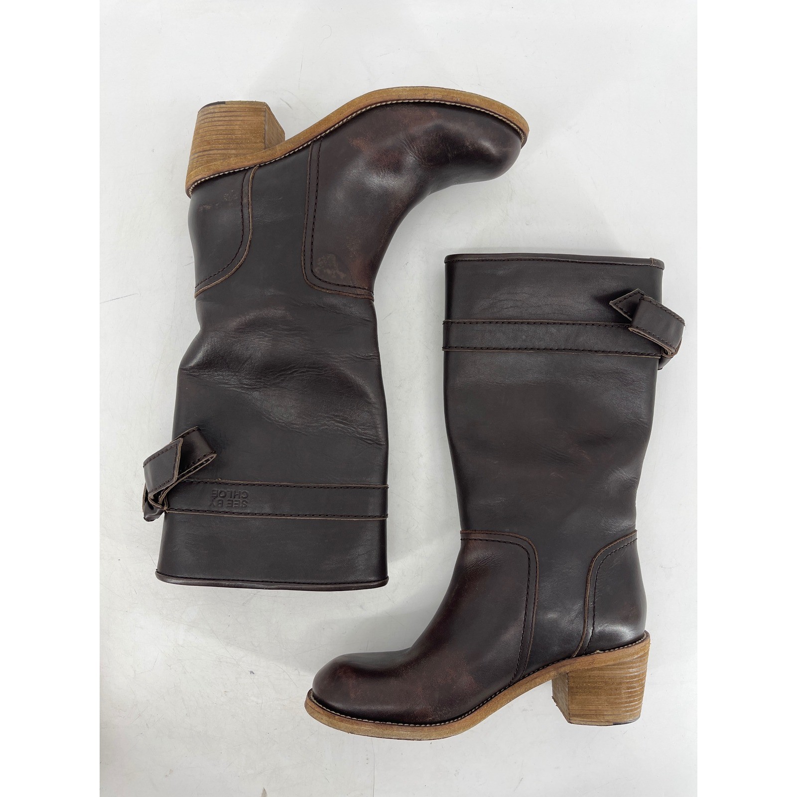 See by Chloe Tall Leather Boots Women 36 Dark Brown Good Bow Detail Block Heel