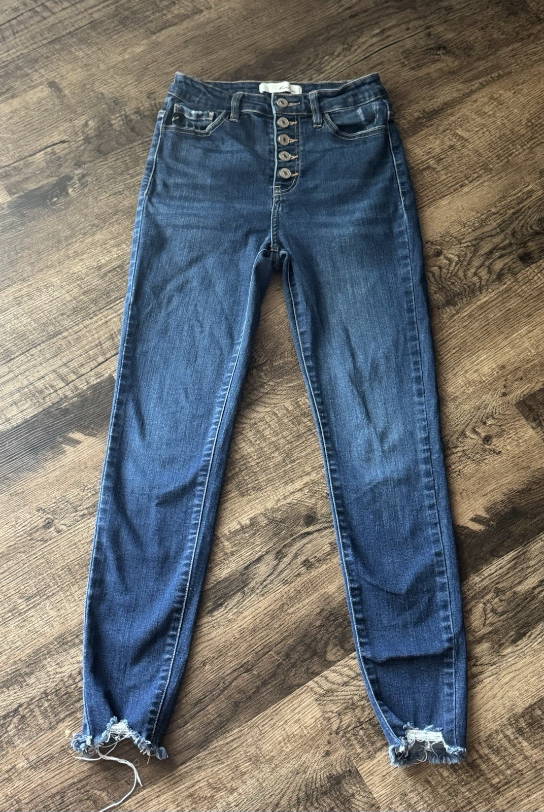 KanCan Women’s High Rise Skinny Jeans Medium Wash Blue Distressed Frayed Hem