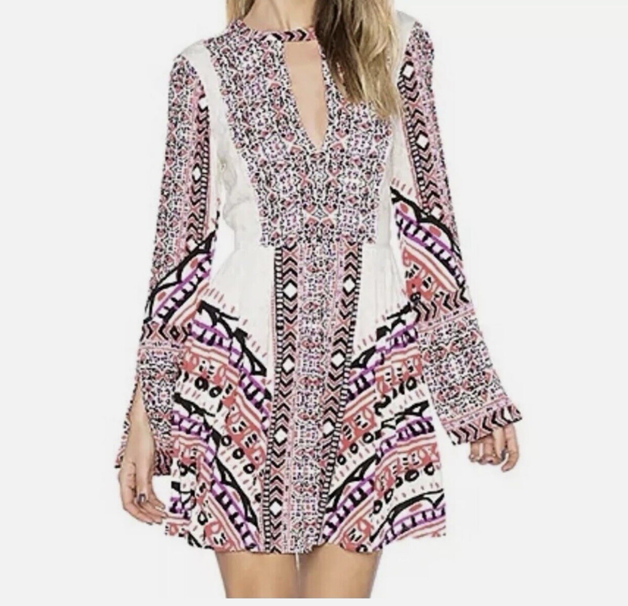 Free People Tegan Border Print Keyhole Mini Dress Size 2 Boho Summer Chic $108