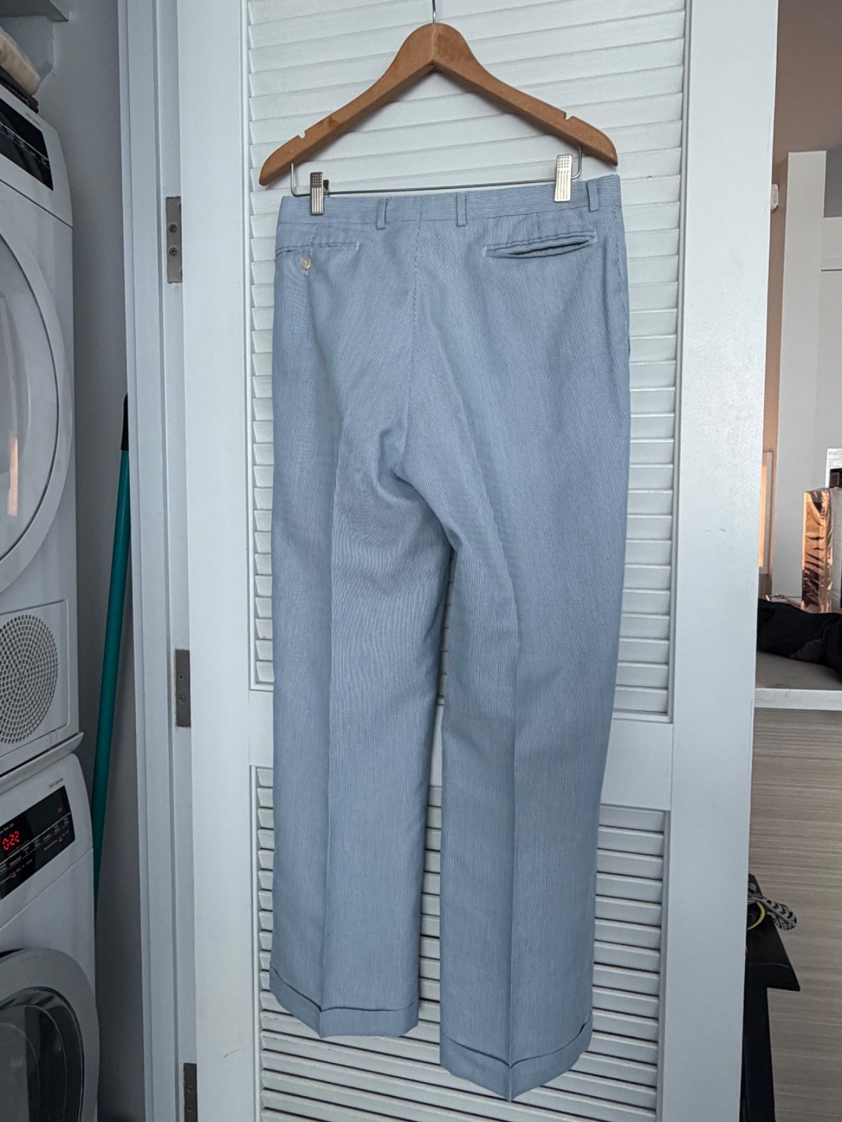 VTG Haspel Seersucker Suit Union Made USA Blue White Pinstripe 32×29 (aprox)