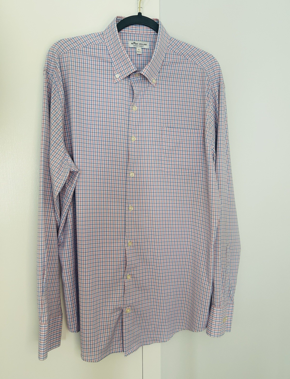 Peter Millar Summer Comfort Men’s Plaid Button-Down Shirt Pink/Blue/White L
