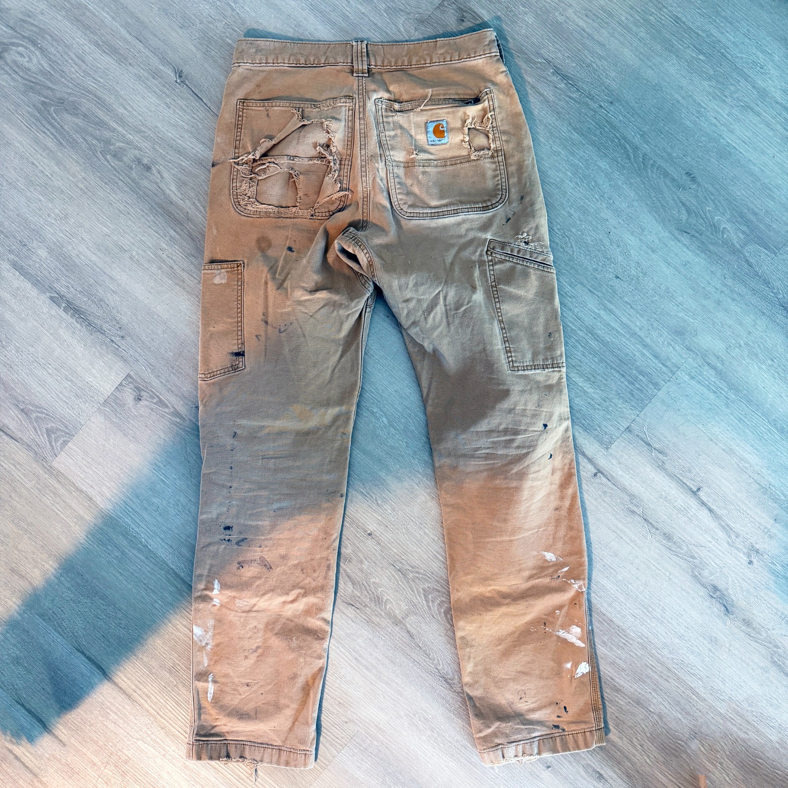 Carhartt 102802 Double Front Duck Utility Work Pants Mens 31×34 Brown Distressed