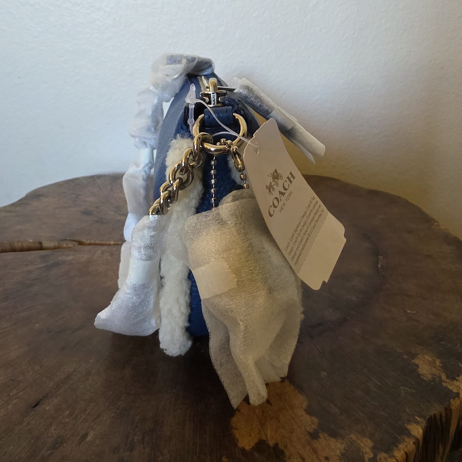 Coach Nolita 19 Shearling Blue Pebble Leather Wristlet Chain Bag NWT
